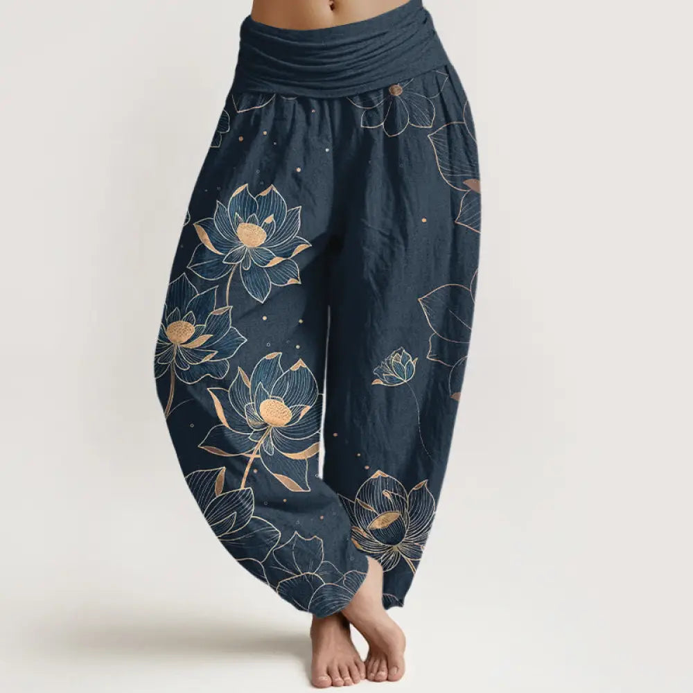 Buddha Stones Pure Cotton Delicate Lotus Pattern Women’s Elastic Waist Harem Pants - SteelBlue / US2，UK/AU6，EU34 (XS)