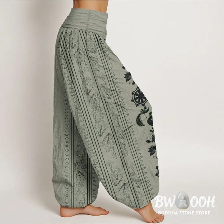 Buddha Stones Pure Cotton Dharma Wheel Lotus OM Pattern Women’s Elastic Waist Harem Pants - Women’s Harem Pants