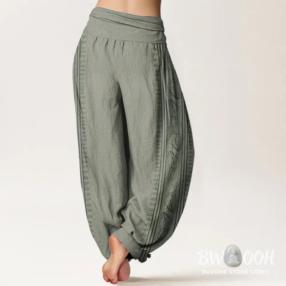Buddha Stones Pure Cotton Dharma Wheel Lotus OM Pattern Women’s Elastic Waist Harem Pants - Women’s Harem Pants