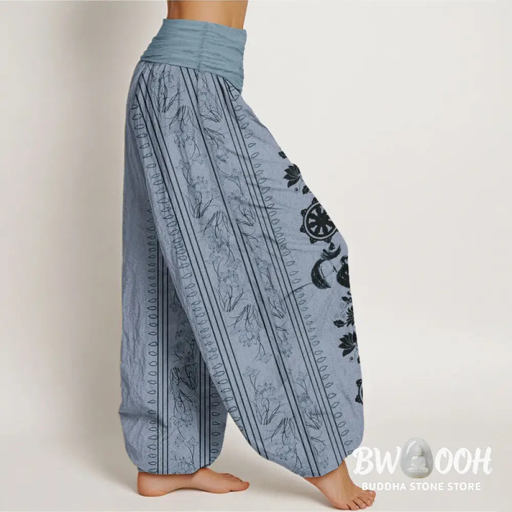Buddha Stones Pure Cotton Dharma Wheel Lotus OM Pattern Women’s Elastic Waist Harem Pants - Women’s Harem Pants