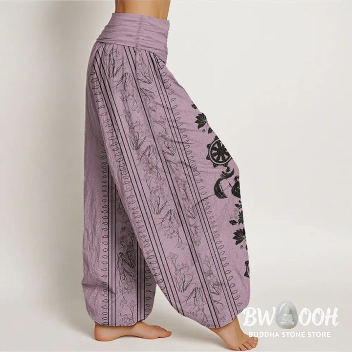 Buddha Stones Pure Cotton Dharma Wheel Lotus OM Pattern Women’s Elastic Waist Harem Pants - Women’s Harem Pants