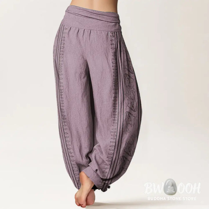 Buddha Stones Pure Cotton Dharma Wheel Lotus OM Pattern Women’s Elastic Waist Harem Pants - Women’s Harem Pants