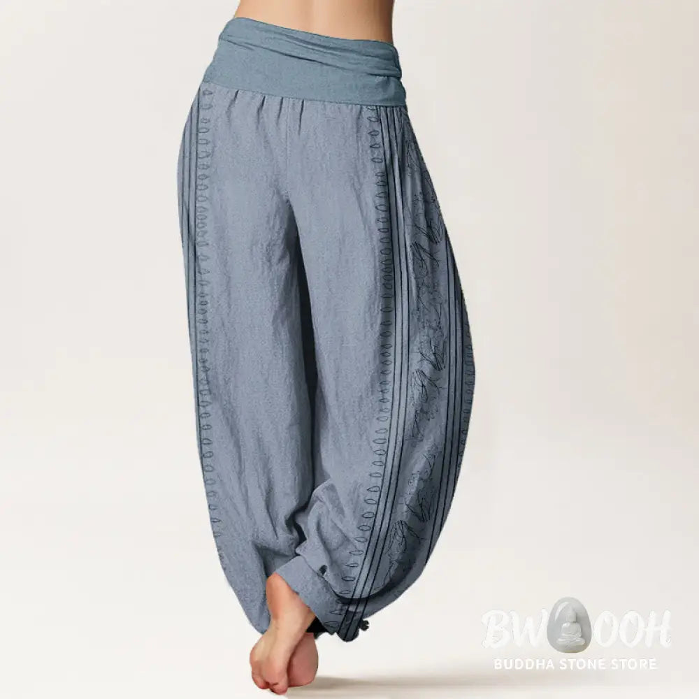 Buddha Stones Pure Cotton Dharma Wheel Lotus OM Pattern Women’s Elastic Waist Harem Pants - Women’s Harem Pants