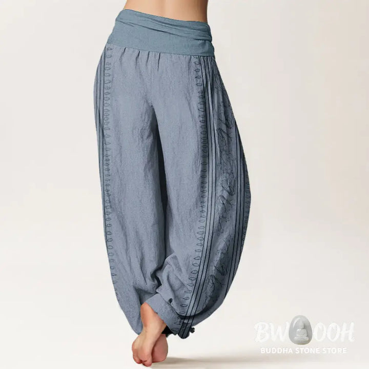 Buddha Stones Pure Cotton Dharma Wheel Lotus OM Pattern Women’s Elastic Waist Harem Pants - Women’s Harem Pants