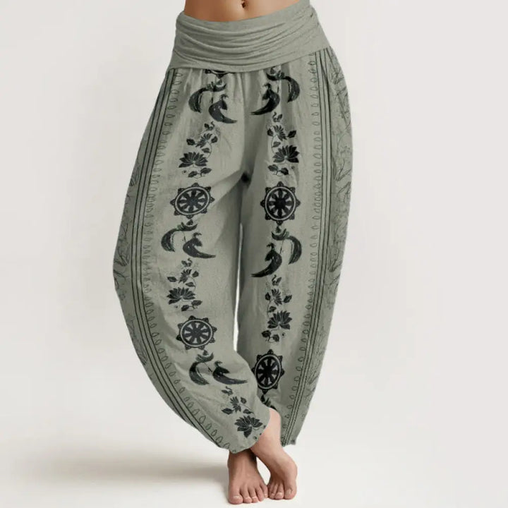 Buddha Stones Pure Cotton Dharma Wheel Lotus OM Pattern Women’s Elastic Waist Harem Pants - DarkSeaGreen