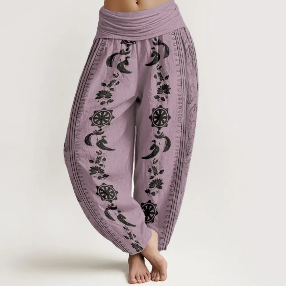 Buddha Stones Pure Cotton Dharma Wheel Lotus OM Pattern Women’s Elastic Waist Harem Pants - Violet / US2，UK/AU6，EU34