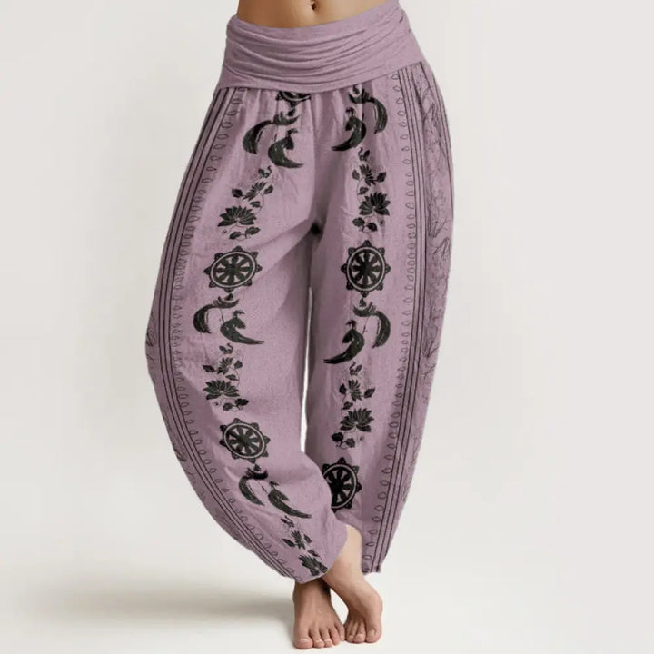 Buddha Stones Pure Cotton Dharma Wheel Lotus OM Pattern Women’s Elastic Waist Harem Pants - Violet / US2，UK/AU6，EU34