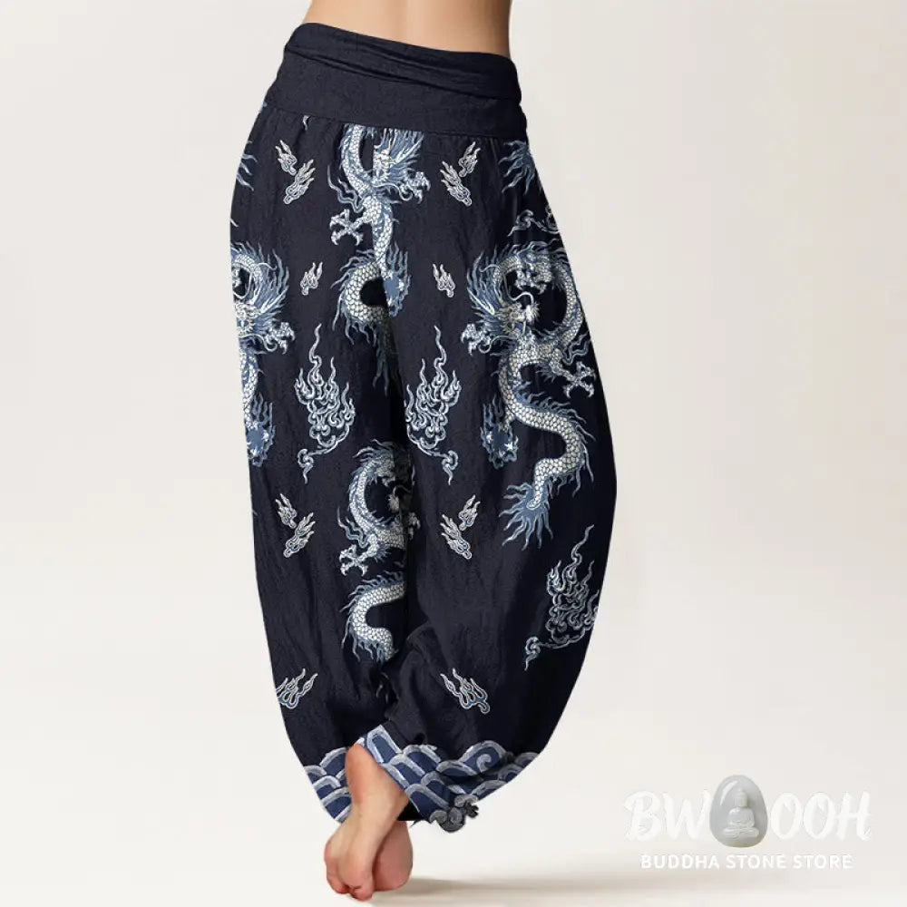 Buddha Stones Pure Cotton Dragon And Cloud Pattern Women’s Elastic Waist Harem Pants - Women’s Harem Pants