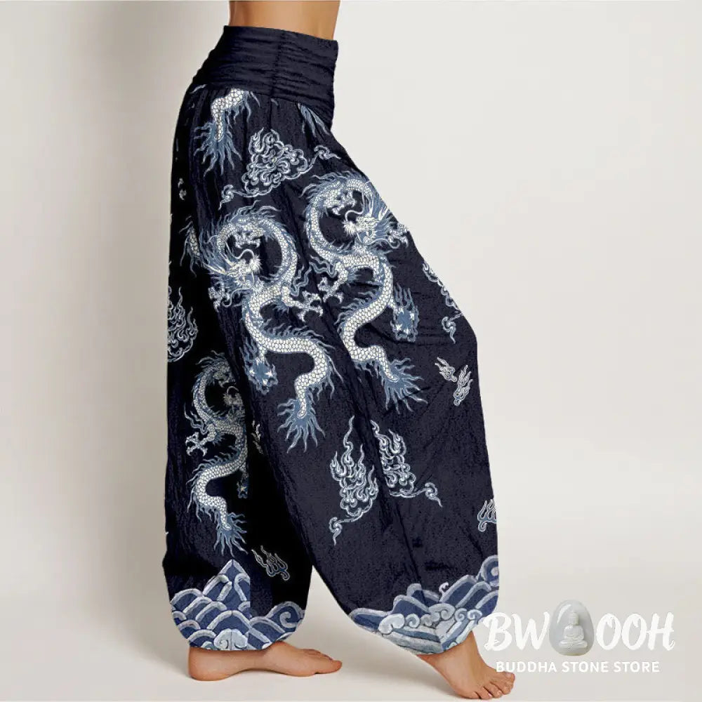 Buddha Stones Pure Cotton Dragon And Cloud Pattern Women’s Elastic Waist Harem Pants - Women’s Harem Pants