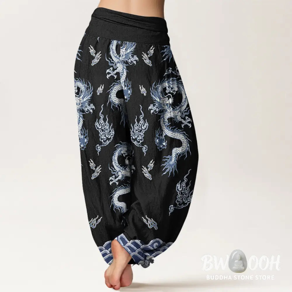 Buddha Stones Pure Cotton Dragon And Cloud Pattern Women’s Elastic Waist Harem Pants - Women’s Harem Pants