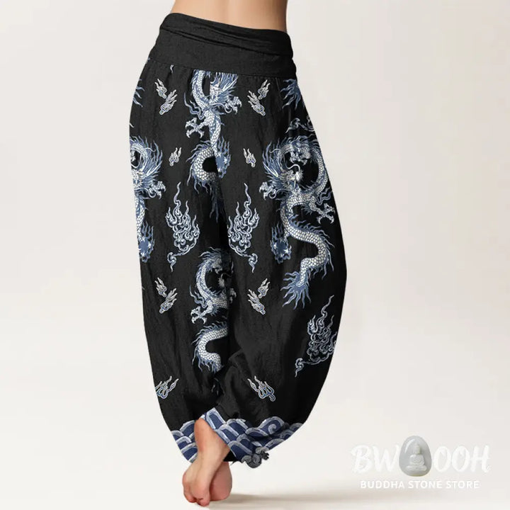 Buddha Stones Pure Cotton Dragon And Cloud Pattern Women’s Elastic Waist Harem Pants - Women’s Harem Pants