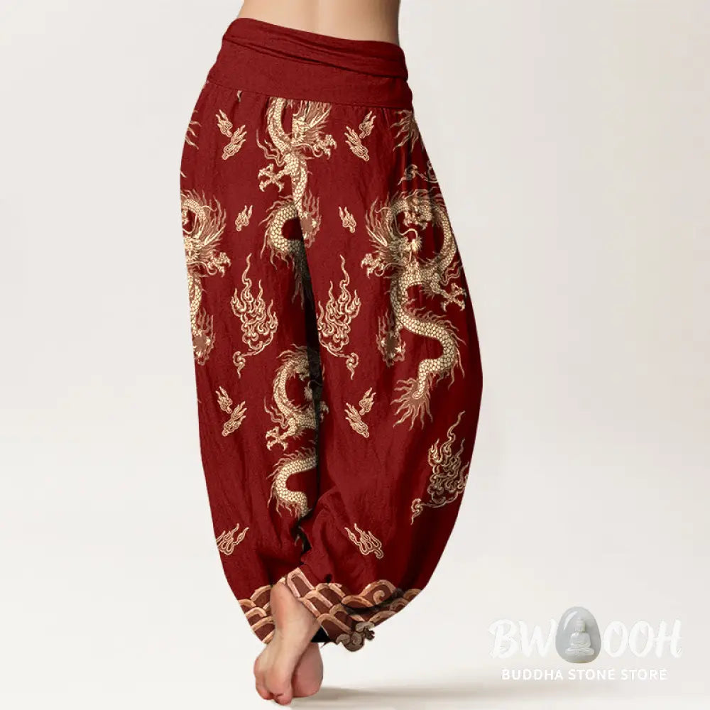 Buddha Stones Pure Cotton Dragon And Cloud Pattern Women’s Elastic Waist Harem Pants - Women’s Harem Pants