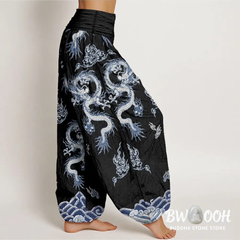 Buddha Stones Pure Cotton Dragon And Cloud Pattern Women’s Elastic Waist Harem Pants - Women’s Harem Pants