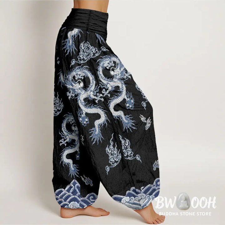 Buddha Stones Pure Cotton Dragon And Cloud Pattern Women’s Elastic Waist Harem Pants - Women’s Harem Pants