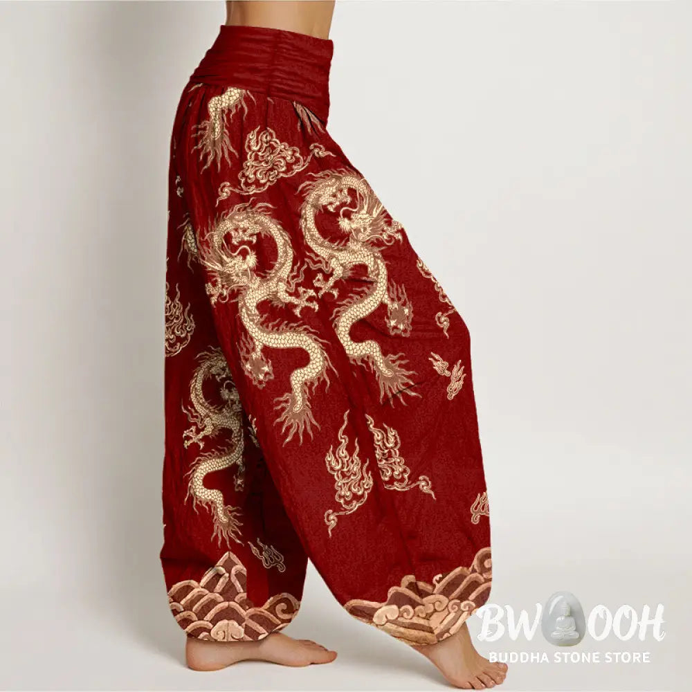 Buddha Stones Pure Cotton Dragon And Cloud Pattern Women’s Elastic Waist Harem Pants - Women’s Harem Pants