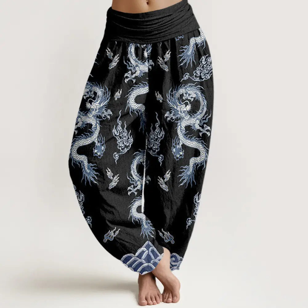 Buddha Stones Pure Cotton Dragon And Cloud Pattern Women’s Elastic Waist Harem Pants - Black / US2，UK/AU6，EU34 (XS)