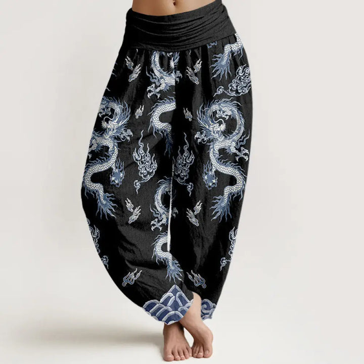 Buddha Stones Pure Cotton Dragon And Cloud Pattern Women’s Elastic Waist Harem Pants - Black / US2，UK/AU6，EU34 (XS)