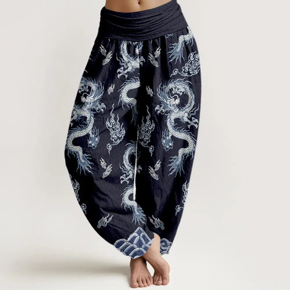 Buddha Stones Pure Cotton Dragon And Cloud Pattern Women’s Elastic Waist Harem Pants - Navy / US2，UK/AU6，EU34 (XS)