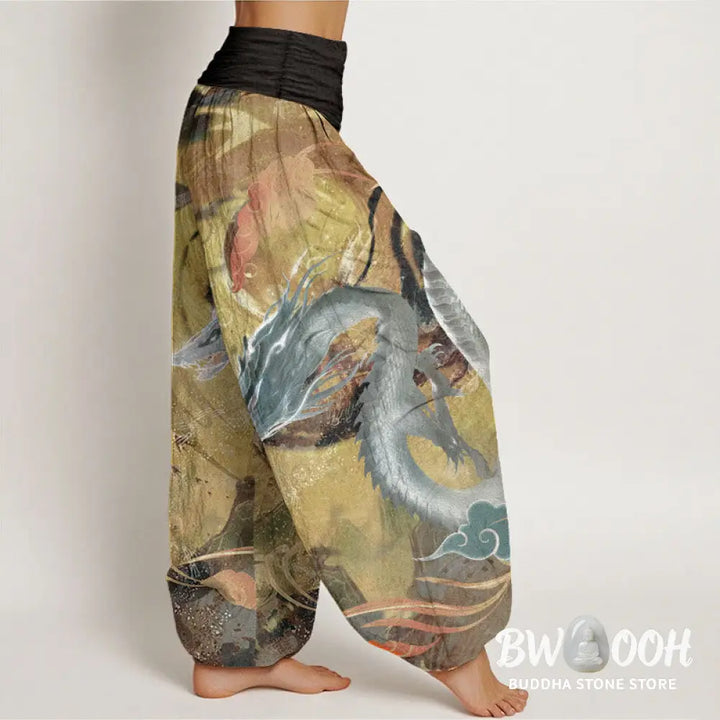 Buddha Stones Pure Cotton Dragon Auspicious Clouds Pattern Women’s Elastic Waist Harem Pants - Women’s Harem Pants