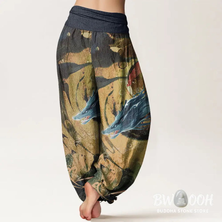 Buddha Stones Pure Cotton Dragon Auspicious Clouds Pattern Women’s Elastic Waist Harem Pants - Women’s Harem Pants