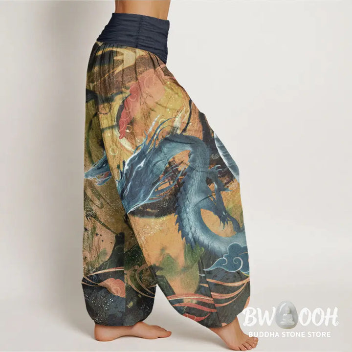 Buddha Stones Pure Cotton Dragon Auspicious Clouds Pattern Women’s Elastic Waist Harem Pants - Women’s Harem Pants