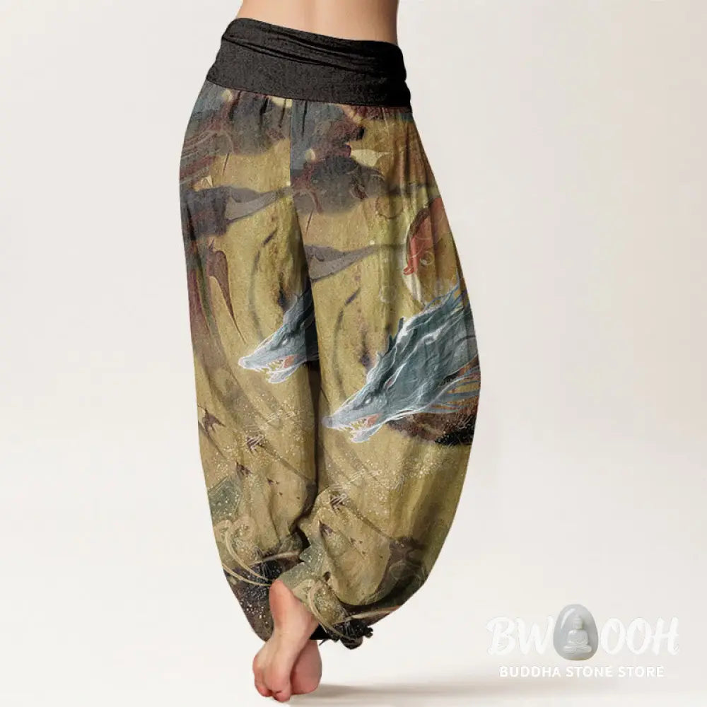 Buddha Stones Pure Cotton Dragon Auspicious Clouds Pattern Women’s Elastic Waist Harem Pants - Women’s Harem Pants