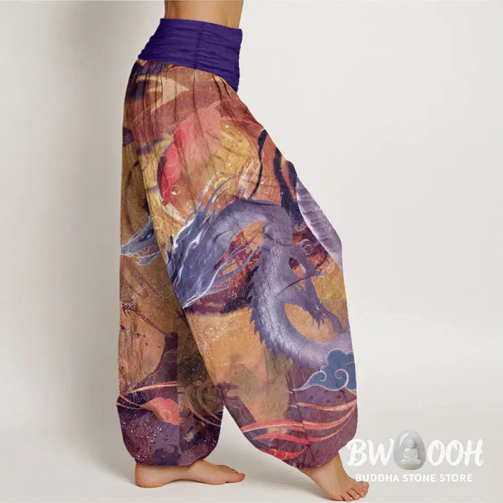 Buddha Stones Pure Cotton Dragon Auspicious Clouds Pattern Women’s Elastic Waist Harem Pants - Women’s Harem Pants