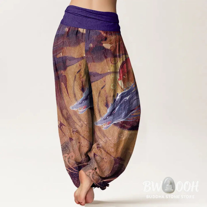 Buddha Stones Pure Cotton Dragon Auspicious Clouds Pattern Women’s Elastic Waist Harem Pants - Women’s Harem Pants