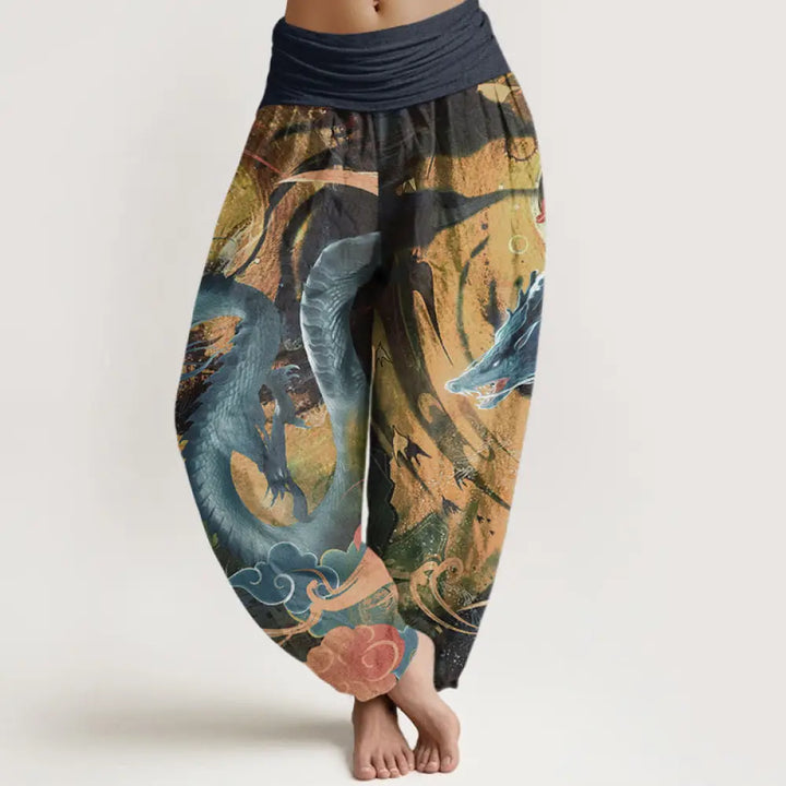 Buddha Stones Pure Cotton Dragon Auspicious Clouds Pattern Women’s Elastic Waist Harem Pants - MidnightBlue