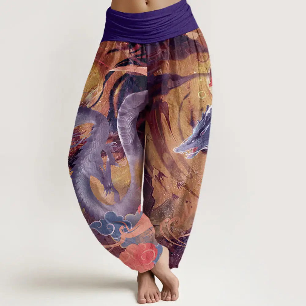 Buddha Stones Pure Cotton Dragon Auspicious Clouds Pattern Women’s Elastic Waist Harem Pants - Purple / US2，UK/AU6，EU34
