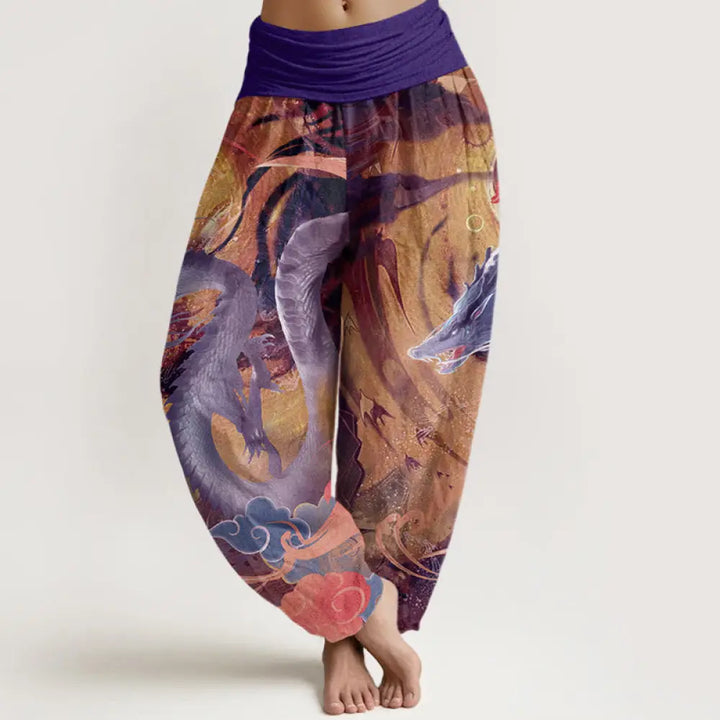 Buddha Stones Pure Cotton Dragon Auspicious Clouds Pattern Women’s Elastic Waist Harem Pants - Purple / US2，UK/AU6，EU34