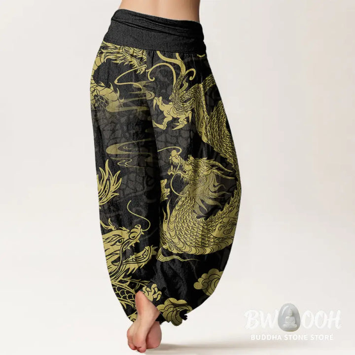 Buddha Stones Pure Cotton Dragon Auspicious Clouds Women’s Elastic Waist Harem Pants - Women’s Harem Pants