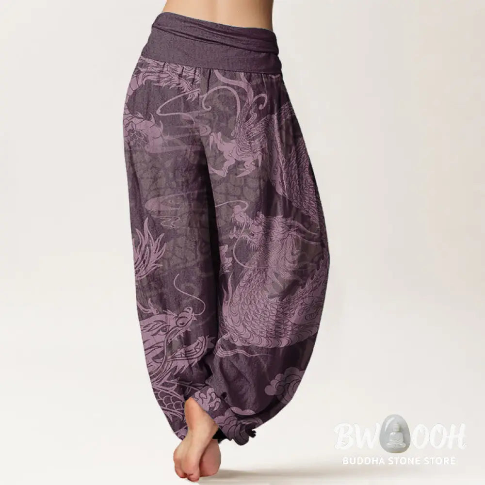 Buddha Stones Pure Cotton Dragon Auspicious Clouds Women’s Elastic Waist Harem Pants - Women’s Harem Pants