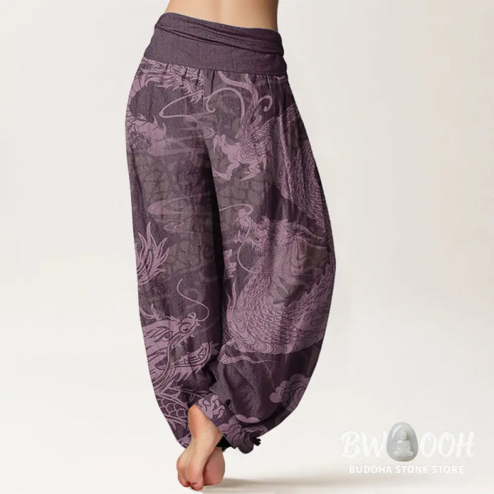 Buddha Stones Pure Cotton Dragon Auspicious Clouds Women’s Elastic Waist Harem Pants - Women’s Harem Pants