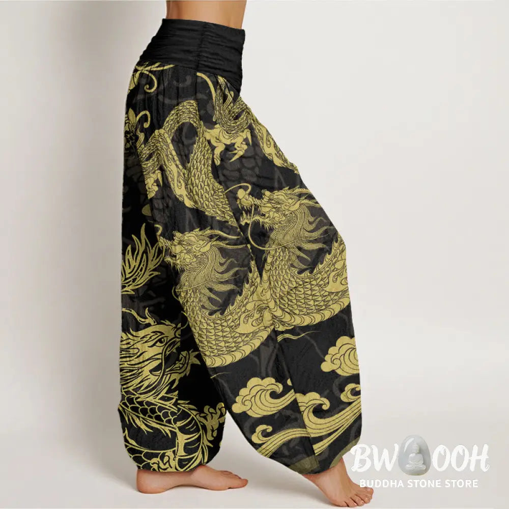 Buddha Stones Pure Cotton Dragon Auspicious Clouds Women’s Elastic Waist Harem Pants - Women’s Harem Pants