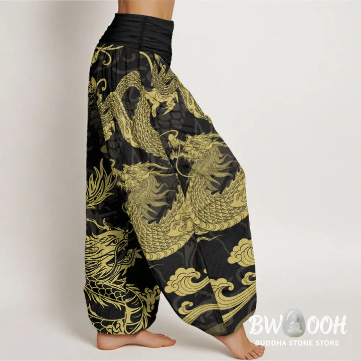 Buddha Stones Pure Cotton Dragon Auspicious Clouds Women’s Elastic Waist Harem Pants - Women’s Harem Pants