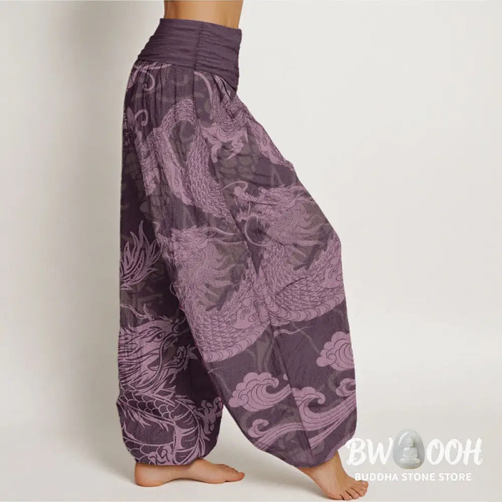 Buddha Stones Pure Cotton Dragon Auspicious Clouds Women’s Elastic Waist Harem Pants - Women’s Harem Pants
