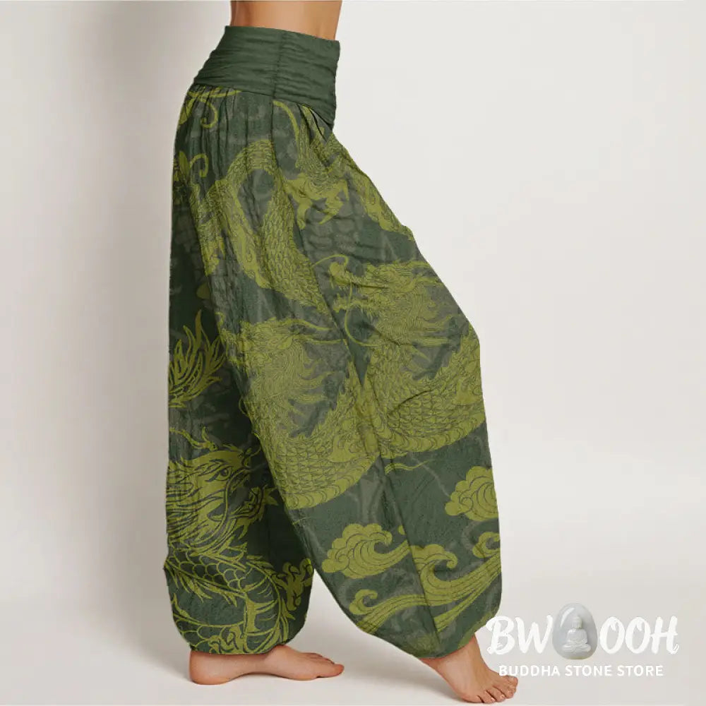 Buddha Stones Pure Cotton Dragon Auspicious Clouds Women’s Elastic Waist Harem Pants - Women’s Harem Pants