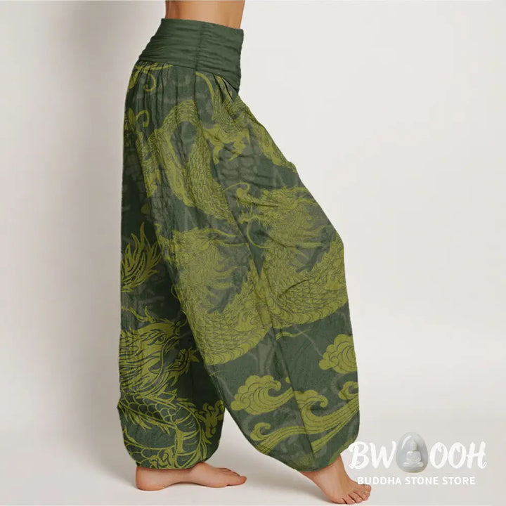 Buddha Stones Pure Cotton Dragon Auspicious Clouds Women’s Elastic Waist Harem Pants - Women’s Harem Pants