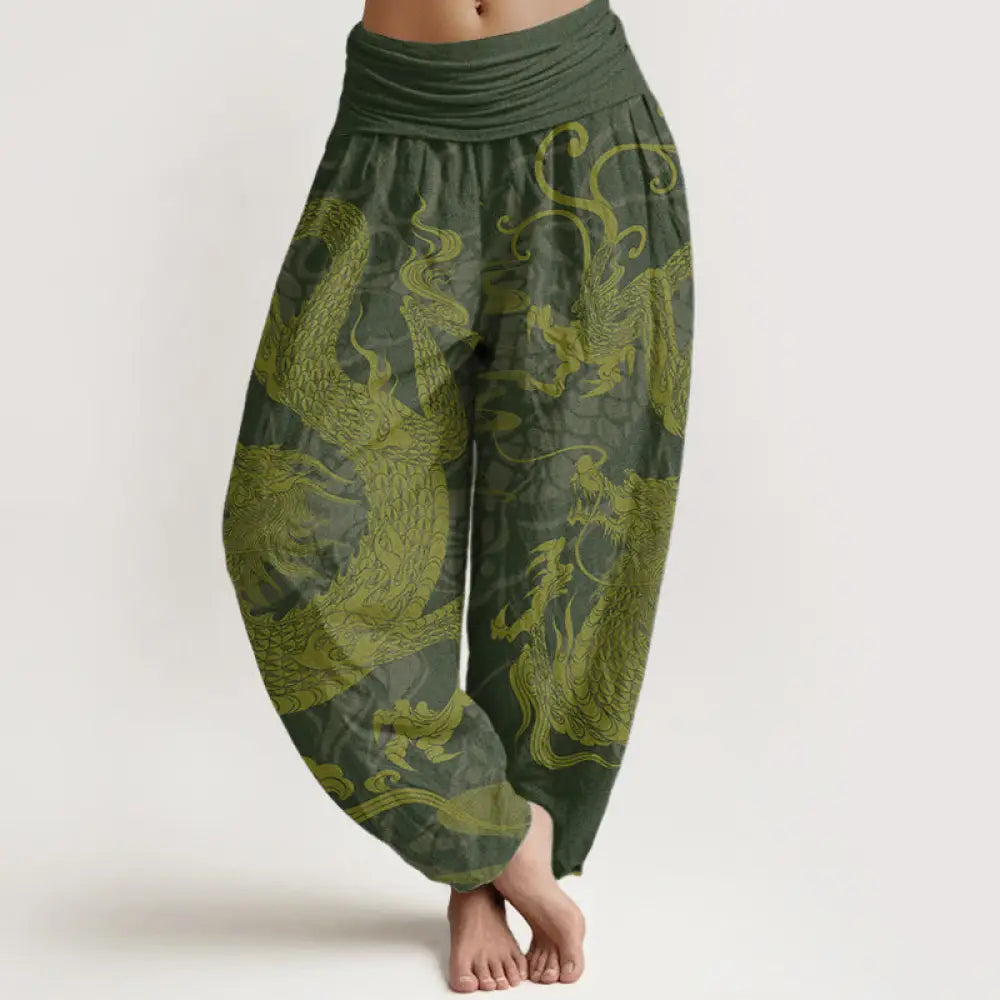 Buddha Stones Pure Cotton Dragon Auspicious Clouds Women’s Elastic Waist Harem Pants - DarkOliveGreen / US2，UK/AU6，EU34