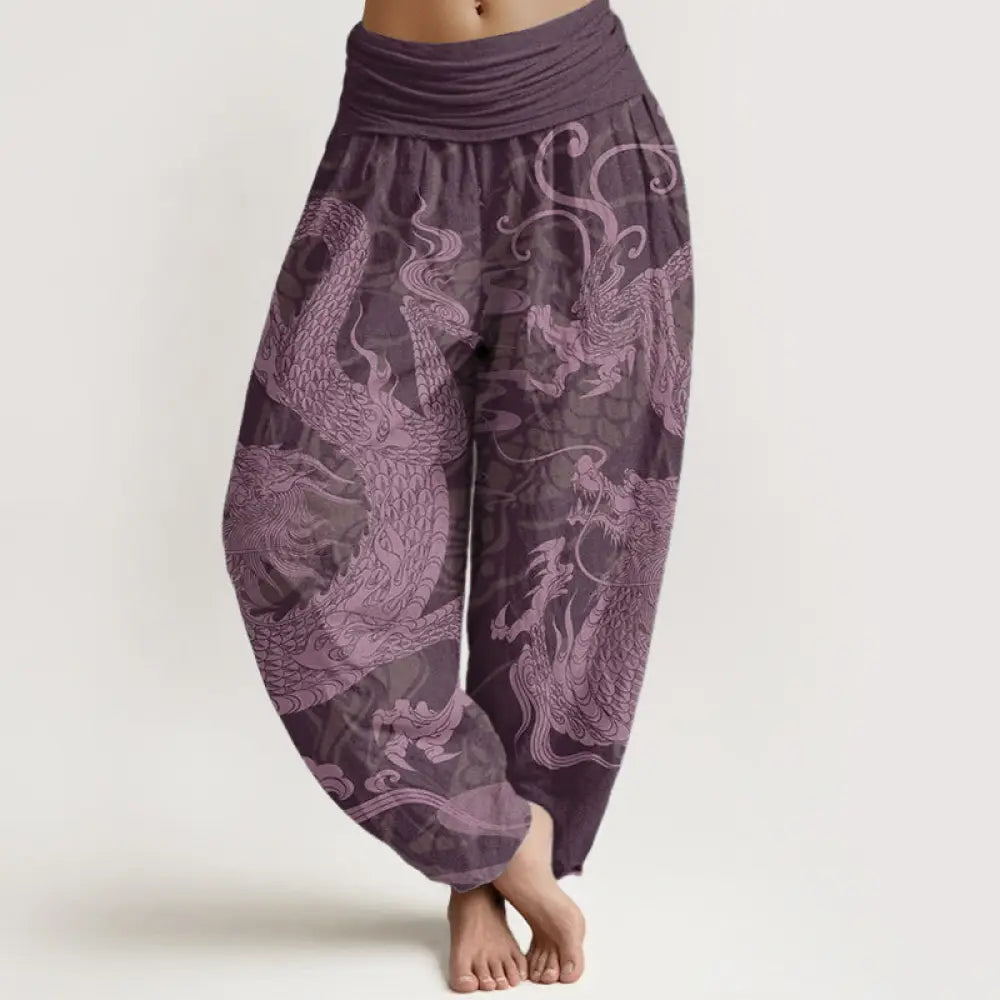 Buddha Stones Pure Cotton Dragon Auspicious Clouds Women’s Elastic Waist Harem Pants - Purple / US2，UK/AU6，EU34 (XS)