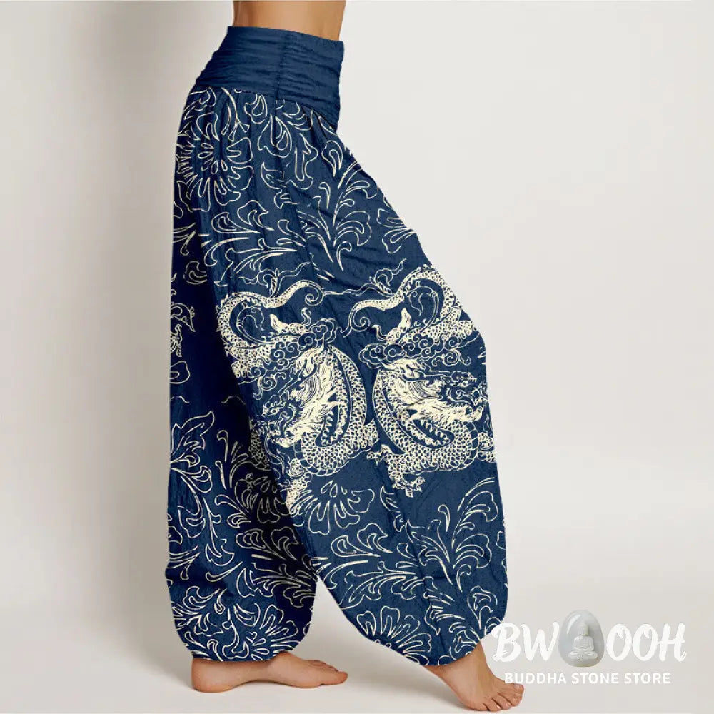 Buddha Stones Pure Cotton Dragon Floral Women’s Elastic Waist Harem Pants - Women’s Harem Pants