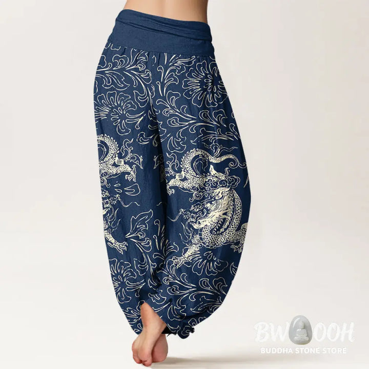 Buddha Stones Pure Cotton Dragon Floral Women’s Elastic Waist Harem Pants - Women’s Harem Pants