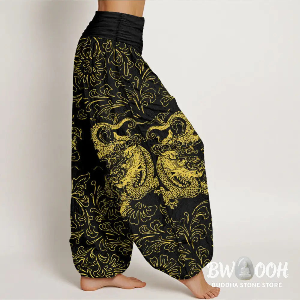 Buddha Stones Pure Cotton Dragon Floral Women’s Elastic Waist Harem Pants - Women’s Harem Pants