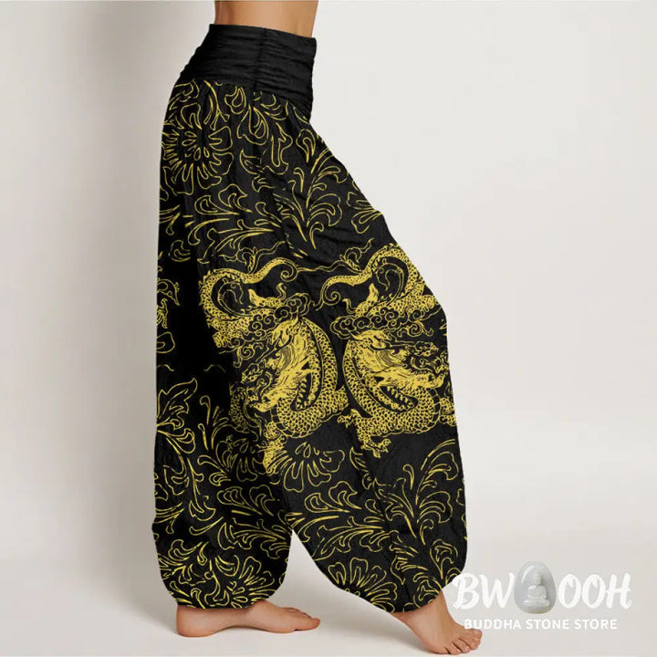 Buddha Stones Pure Cotton Dragon Floral Women’s Elastic Waist Harem Pants - Women’s Harem Pants