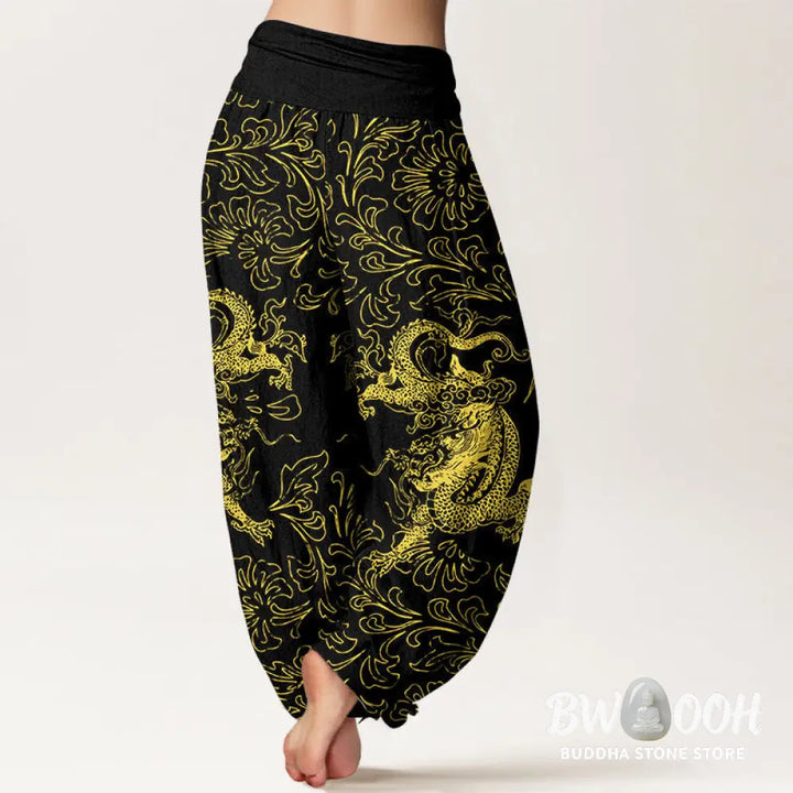Buddha Stones Pure Cotton Dragon Floral Women’s Elastic Waist Harem Pants - Women’s Harem Pants