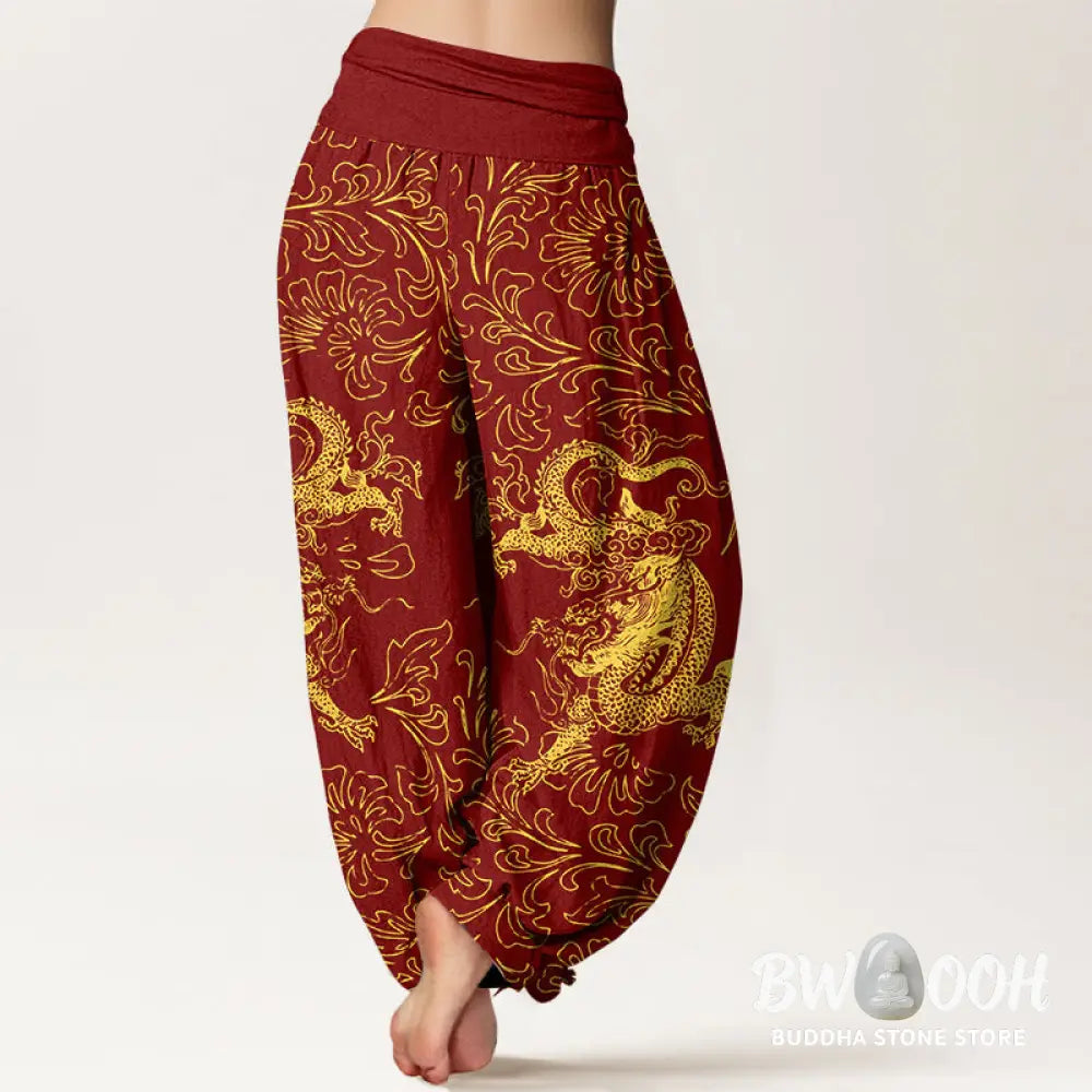 Buddha Stones Pure Cotton Dragon Floral Women’s Elastic Waist Harem Pants - Women’s Harem Pants