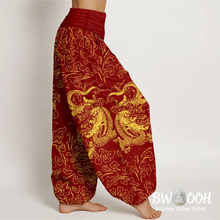 Buddha Stones Pure Cotton Dragon Floral Women’s Elastic Waist Harem Pants - Women’s Harem Pants