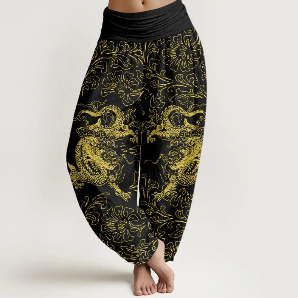Buddha Stones Pure Cotton Dragon Floral Women’s Elastic Waist Harem Pants - Black / US2，UK/AU6，EU34 (XS) - Women’s
