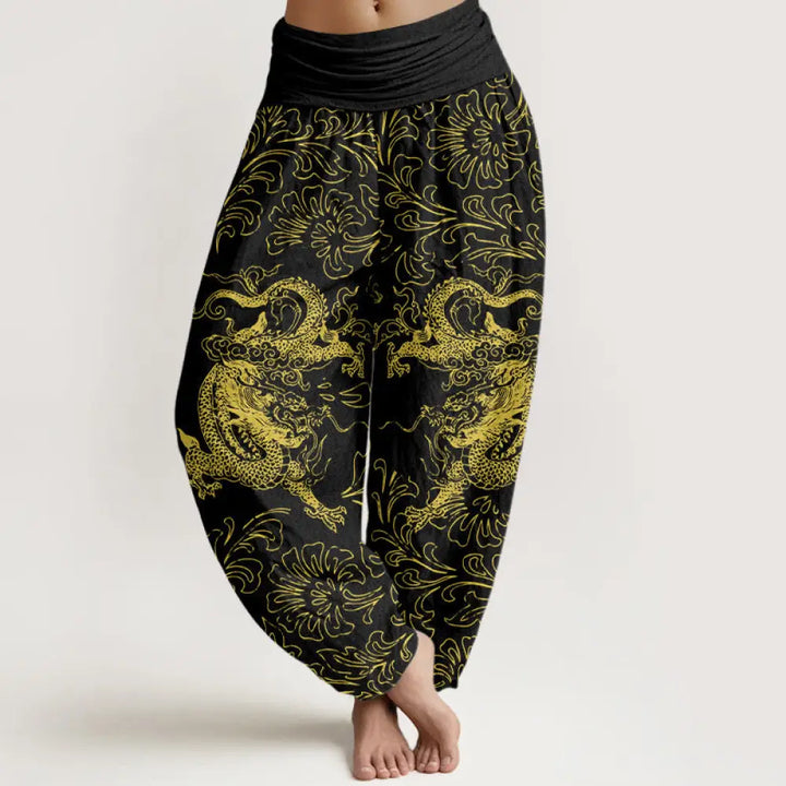 Buddha Stones Pure Cotton Dragon Floral Women’s Elastic Waist Harem Pants - Black / US2，UK/AU6，EU34 (XS) - Women’s